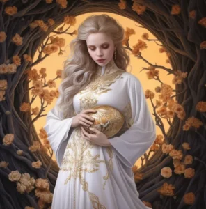 pregnant Wiccan woman holding a golden egg - wiccan fertility spell