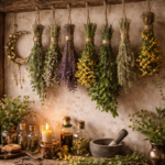 herbs hanging in wiccan cottage