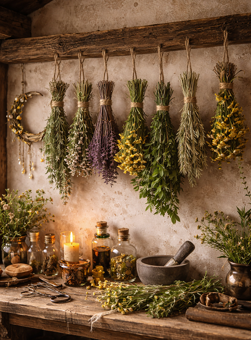 herbs hanging in wiccan cottage