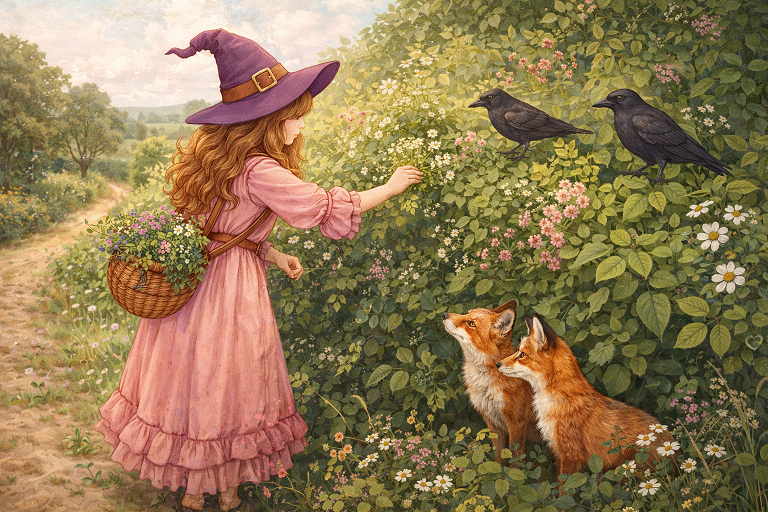 witch foraging herbs in hedgerows