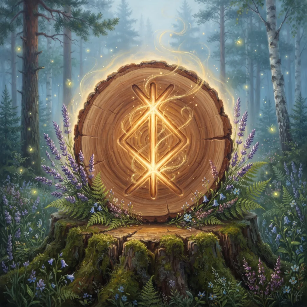 A bindrune of othala and algiz glowing gold on a bark-edged slice of wood in a twilight Nordic forest