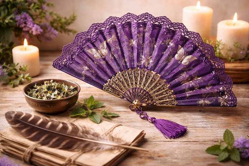 attract travel spell ingredients: a purple fan, feather and dried mint