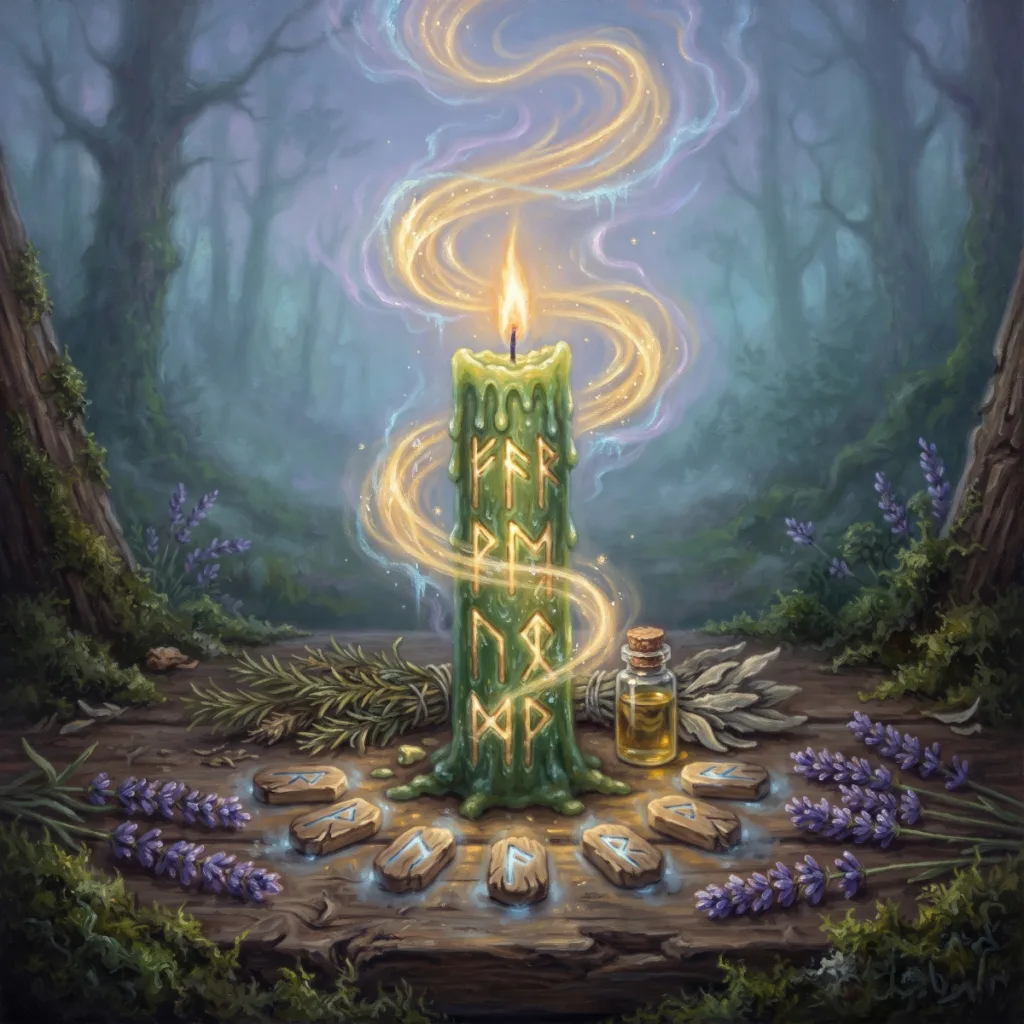 A green beeswax candle carved with glowing runes, its flame spiraling golden energy above a rustic altar