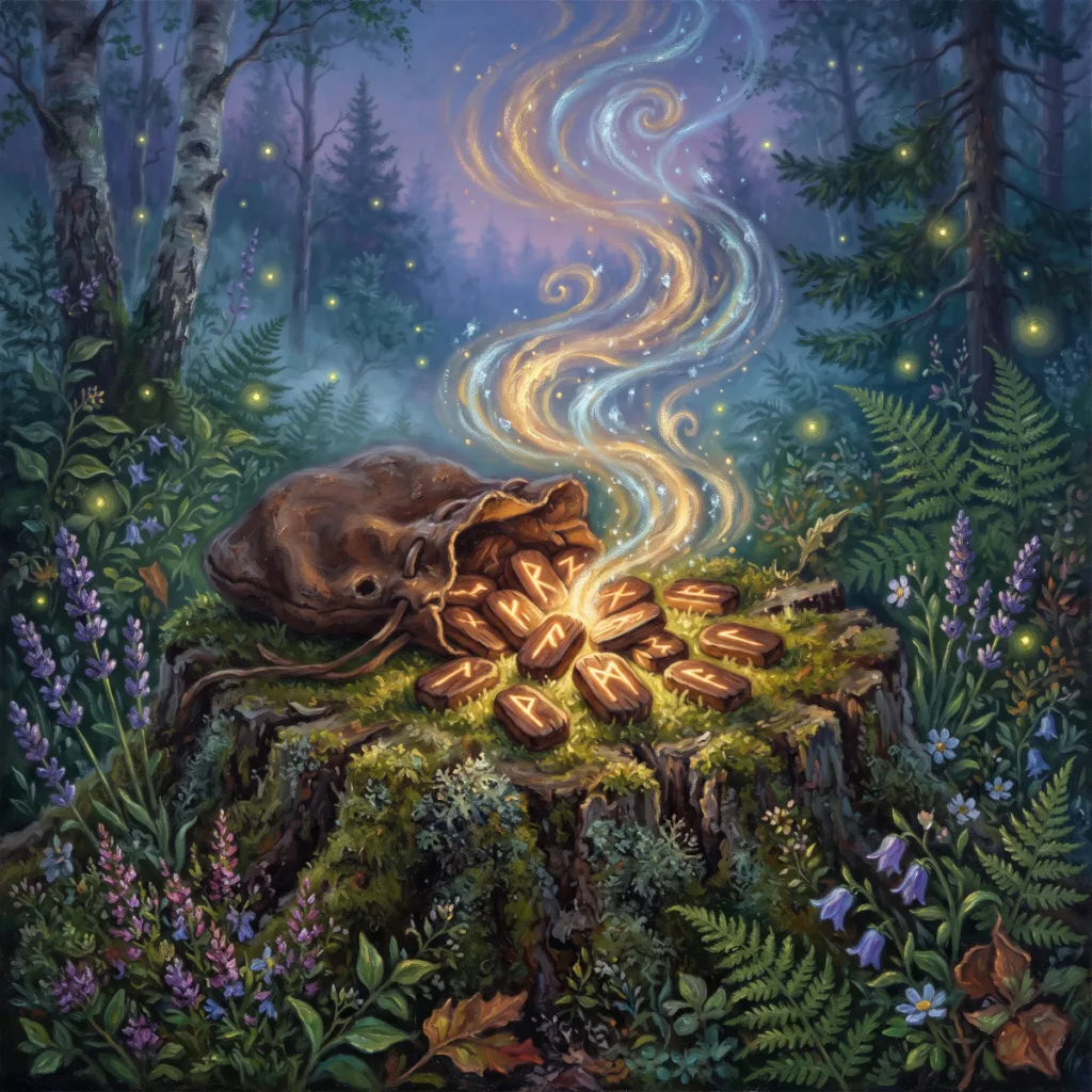 A wooden rune set spilling from a leather pouch onto a mossy stump, glowing with golden light at twilight