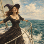 painting of a witch travelling on a boat