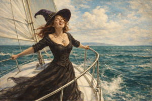 painting of a witch travelling on a boat