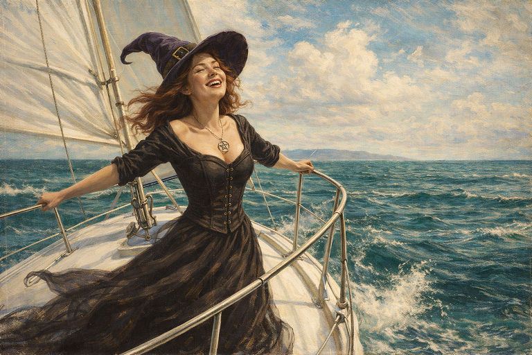 painting of a witch travelling on a boat
