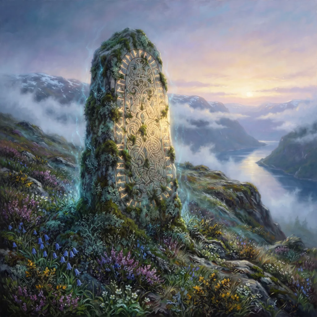 An ancient moss-covered runestone glowing at dawn on a Scandinavian hillside above a misty fjord