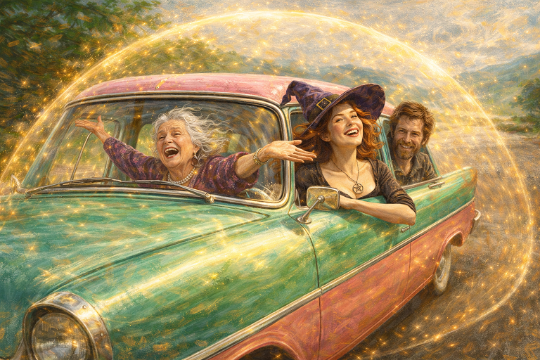 witches in a car protected by a safe road trip spell
