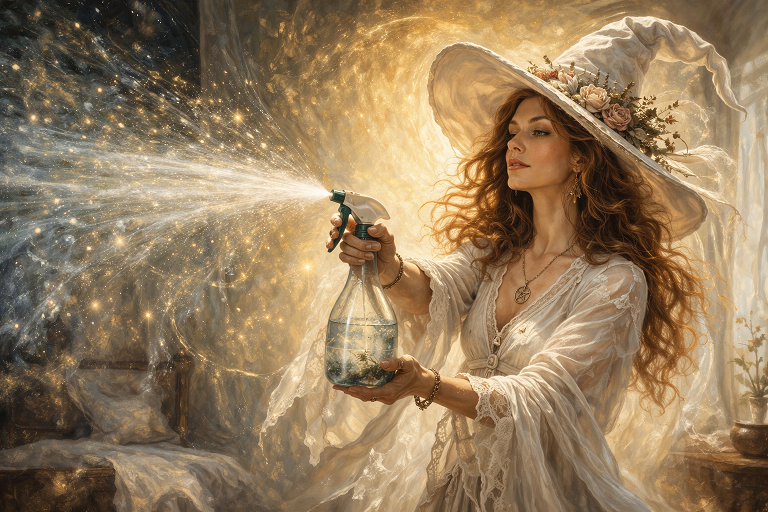 woman in white witch hat doing a protection spray spell for hotel rooms