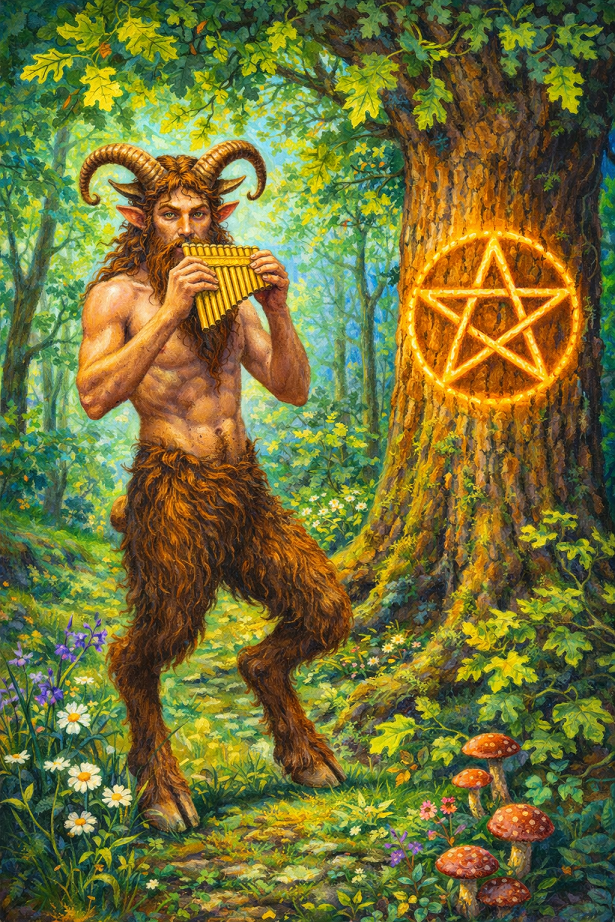 pan the horned god with pentagram inscribed on tree
