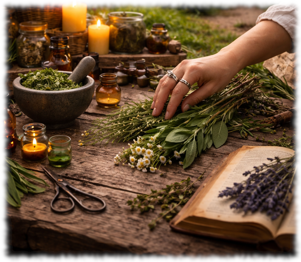 hedge with sorting her herbs