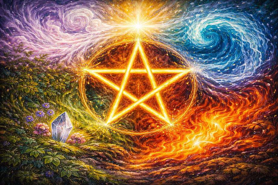pentagram and 5 elements - fire earth water air spirit