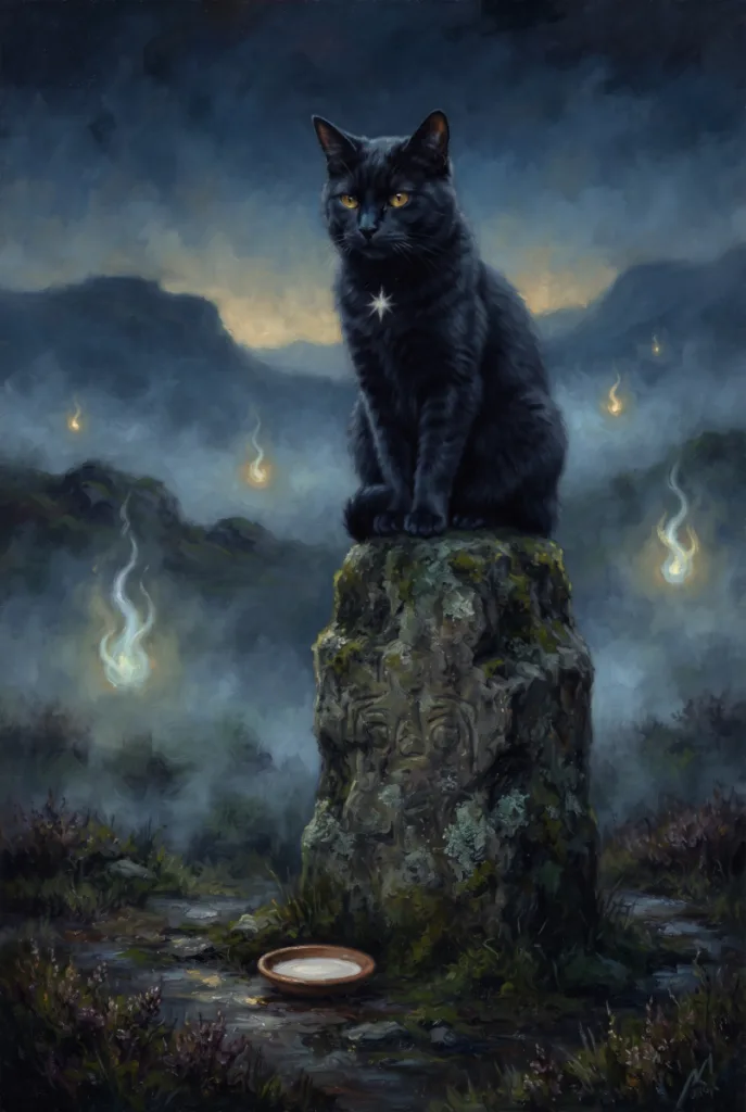 The Cat Sìth, a black cat with a white spot on its chest, sitting on a standing stone in the misty Scottish Highlands