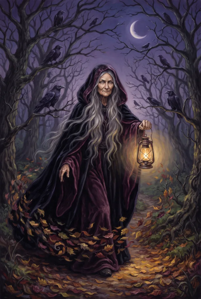The Crone Goddess holding a lantern in a forest of bare trees with ravens at twilight