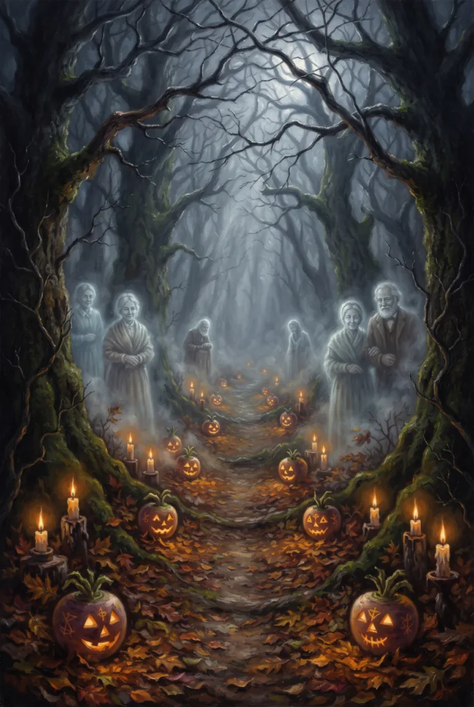 A misty forest path lined with turnip lanterns and ghostly ancestors on Samhain night