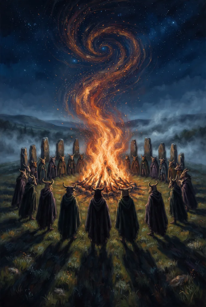 A Samhain bonfire on a Celtic hilltop with cloaked figures and standing stones