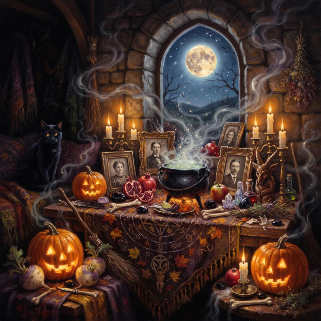A witch’s Samhain altar with jack-o’-lanterns, a cauldron, ancestor photos and a black cat at midnight
