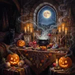 A witch’s Samhain altar with jack-o’-lanterns, a cauldron, ancestor photos and a black cat at midnight