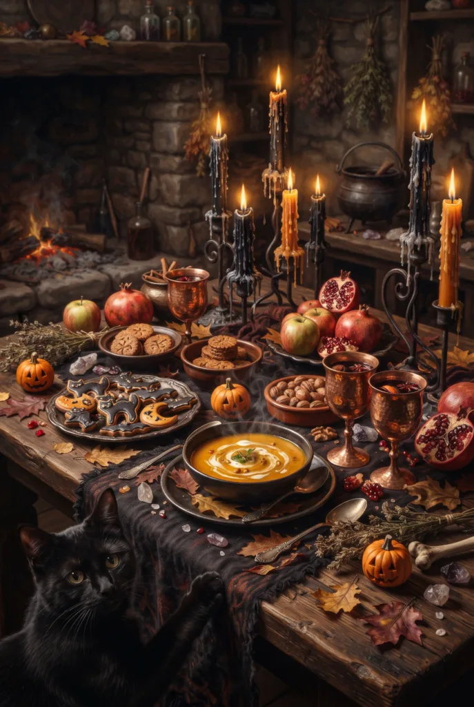 A candlelit Samhain feast table with pumpkin soup, gingerbread cats and mulled wine