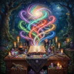 Eight colors of glowing magical energy spiraling up from a witch’s altar covered in crystals, candles and a grimoire