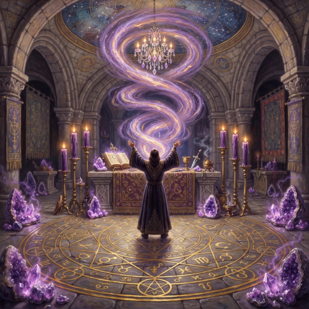 A robed figure in a gold magic circle with swirling purple energy during a ceremonial High Magick ritual