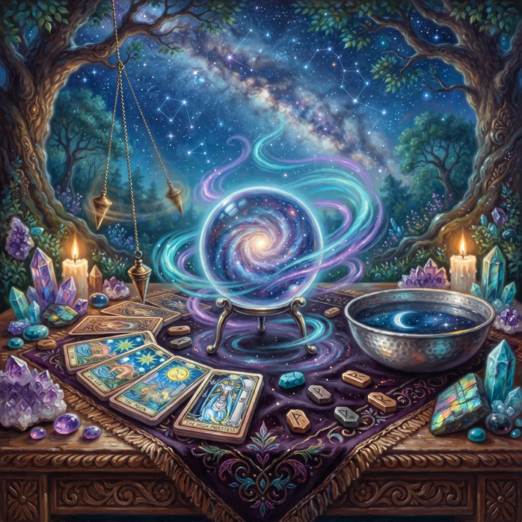 A crystal ball with swirling turquoise and violet energy, tarot cards, a pendulum and runes for divination