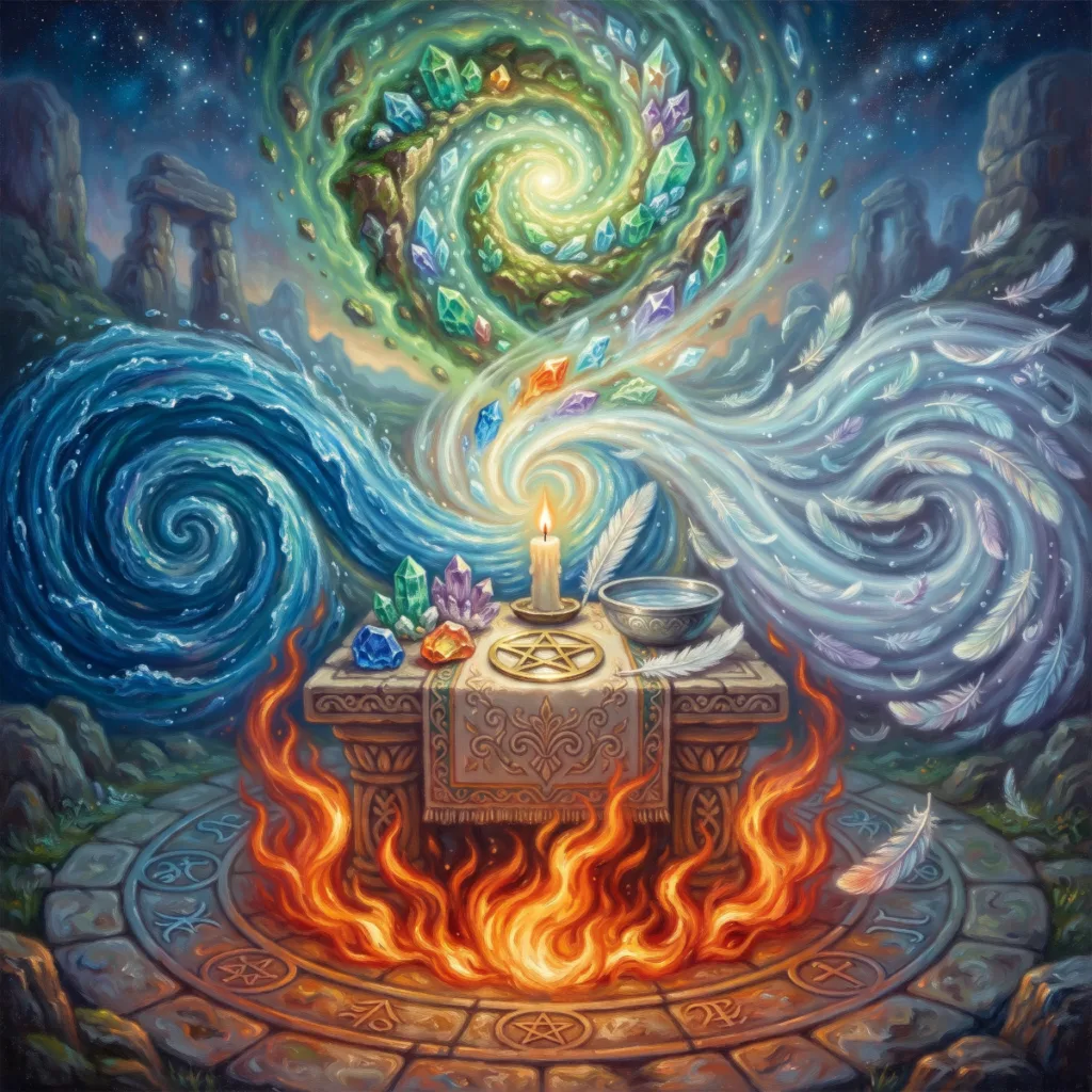 An altar surrounded by four swirling elemental energies of earth, air, fire and water