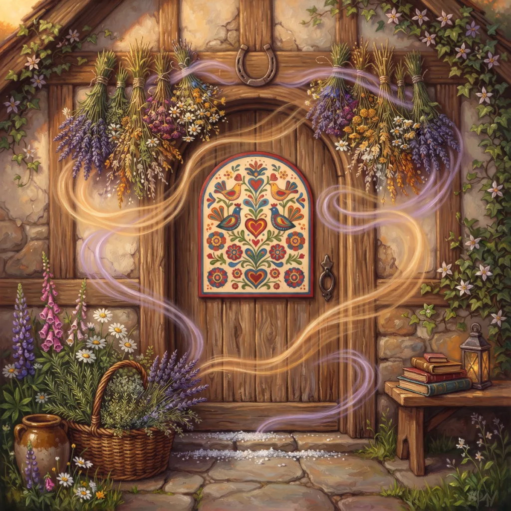 A cottage door with a painted hex sign, lavender bundles and a horseshoe, glowing with protective folk magick