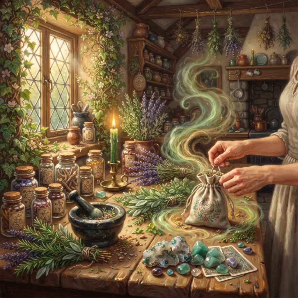A witch’s kitchen table with herbs, a mortar and pestle and a green candle, with green earthy energy rising for Low Magick