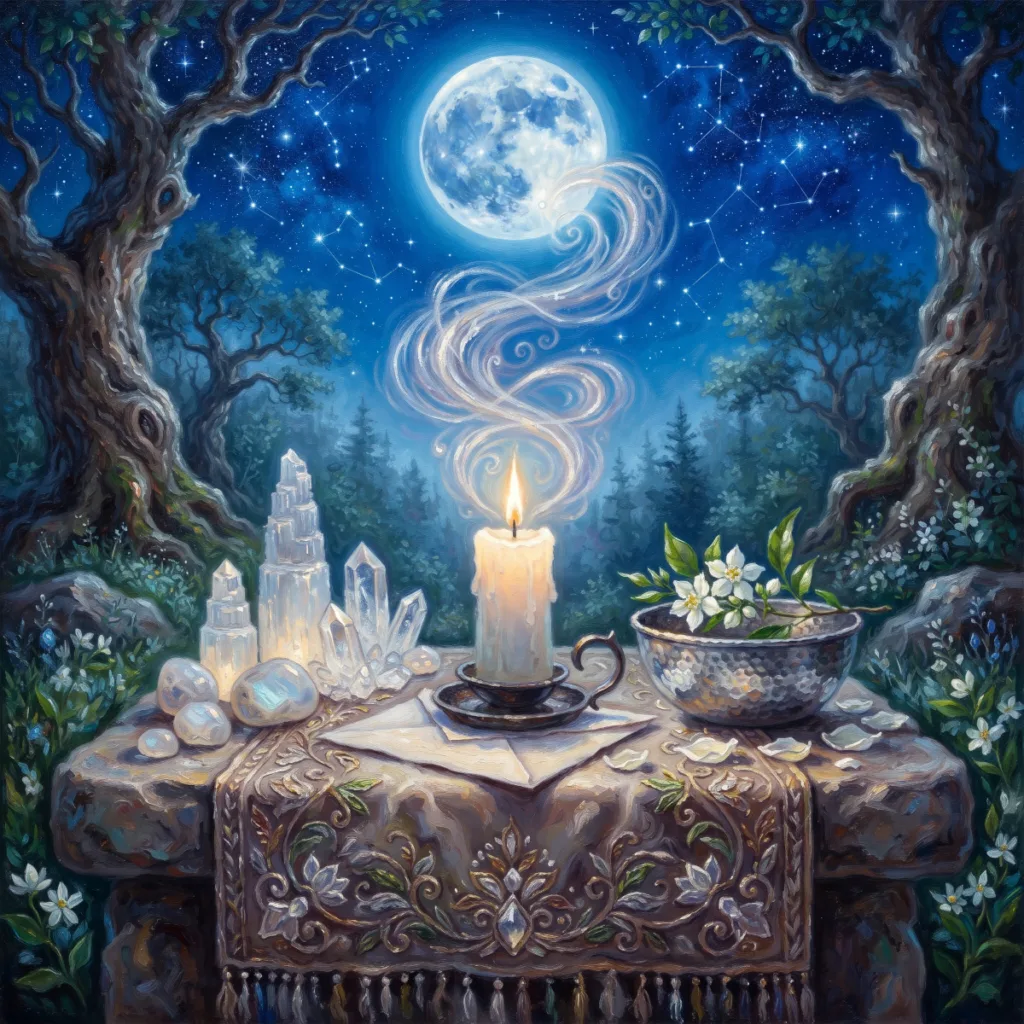 A petition paper beneath a white candle on a moonlit altar, with silver light rising towards the full moon