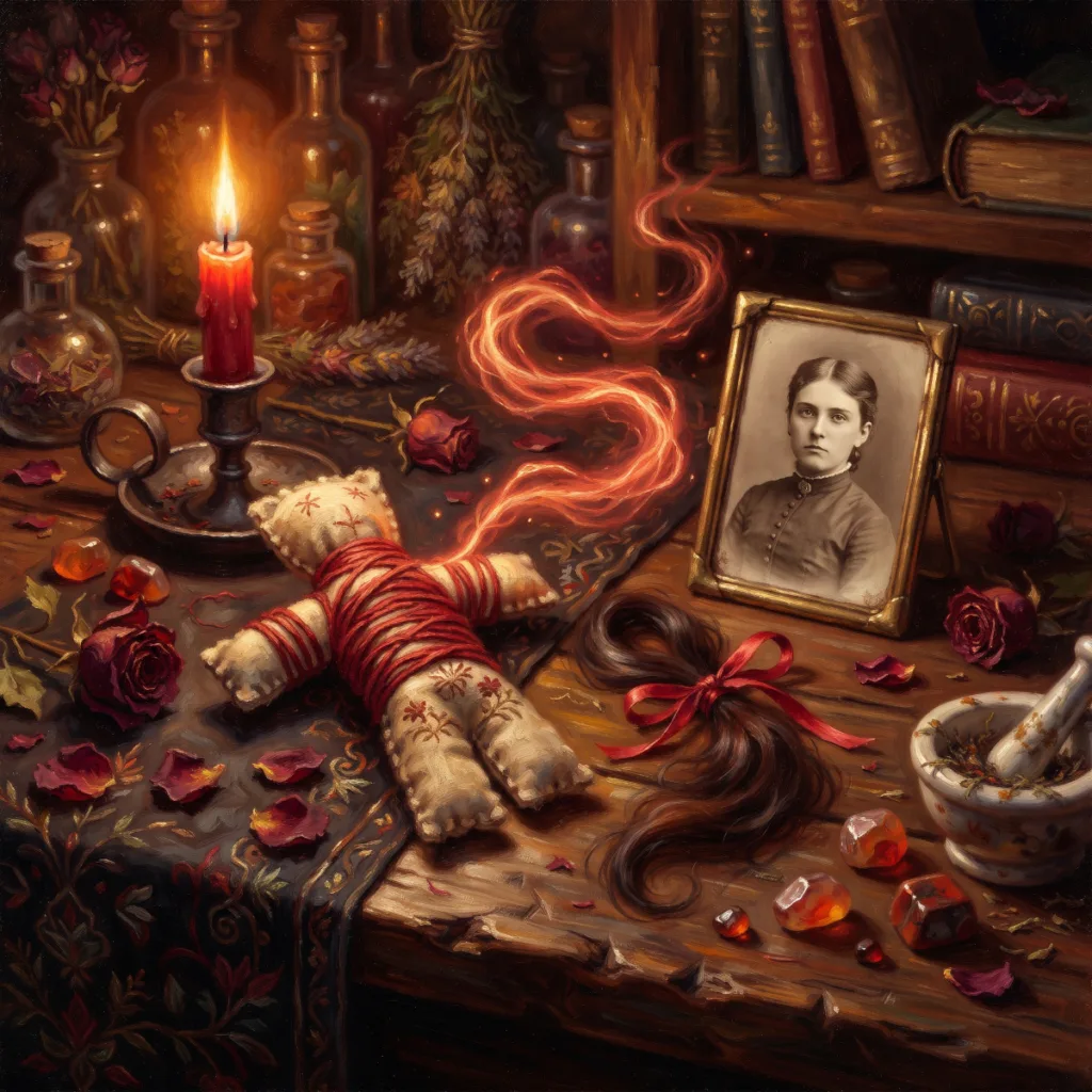 A cloth poppet linked to a vintage photograph by a glowing red thread of energy, showing sympathetic magick