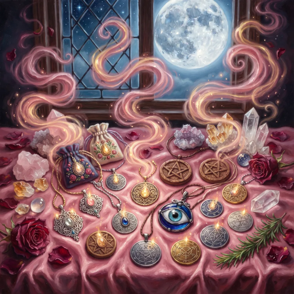 Handmade talismans and amulets glowing on rose velvet under a full moon, surrounded by rose quartz and citrine