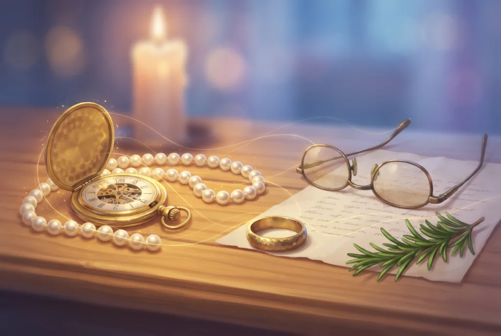 Illustration of glowing family heirlooms, including a pocket watch, pearls and a ring, connected by threads of golden light