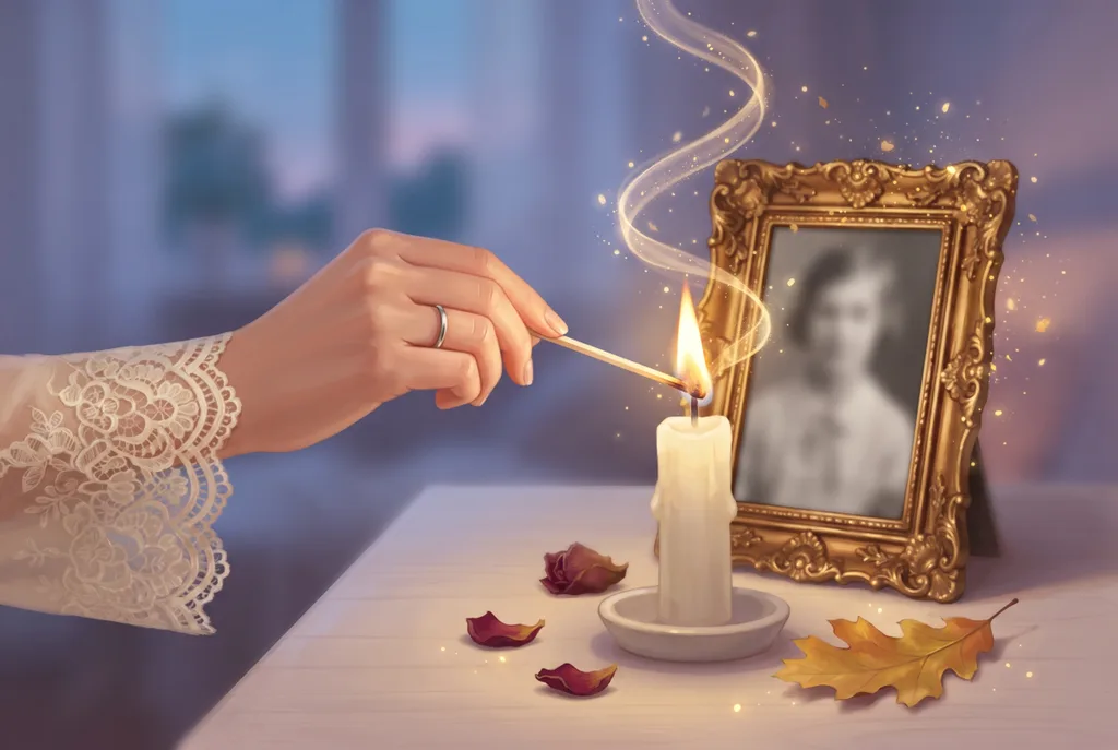 Painting of hands lighting a candle beside an old framed photograph of a loved one