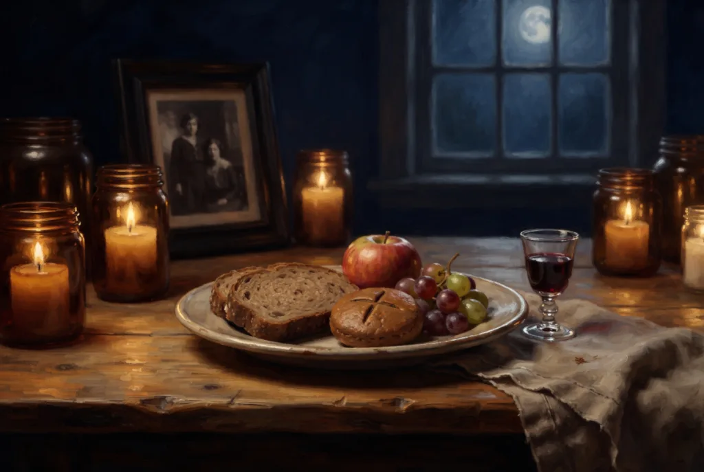 Illustration of a plate of bread, a soul cake and wine left as a Samhain offering, with a soft shimmer of light above it