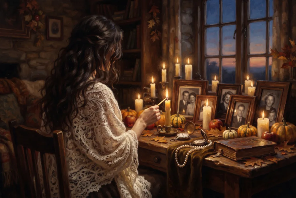 Illustration of a woman in an ivory lace shawl lighting candles at a Samhain ancestor altar as golden light drifts toward family photographs