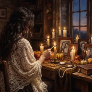 Illustration of a woman in an ivory lace shawl lighting candles at a Samhain ancestor altar as golden light drifts toward family photographs