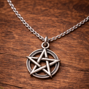 sterling silver pentagram pendant against table