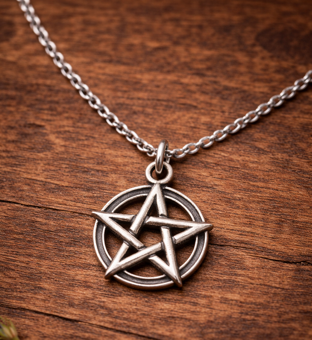 sterling silver pentagram pendant against table