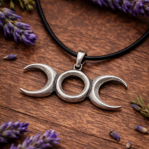 triple moon pendant necklace on table