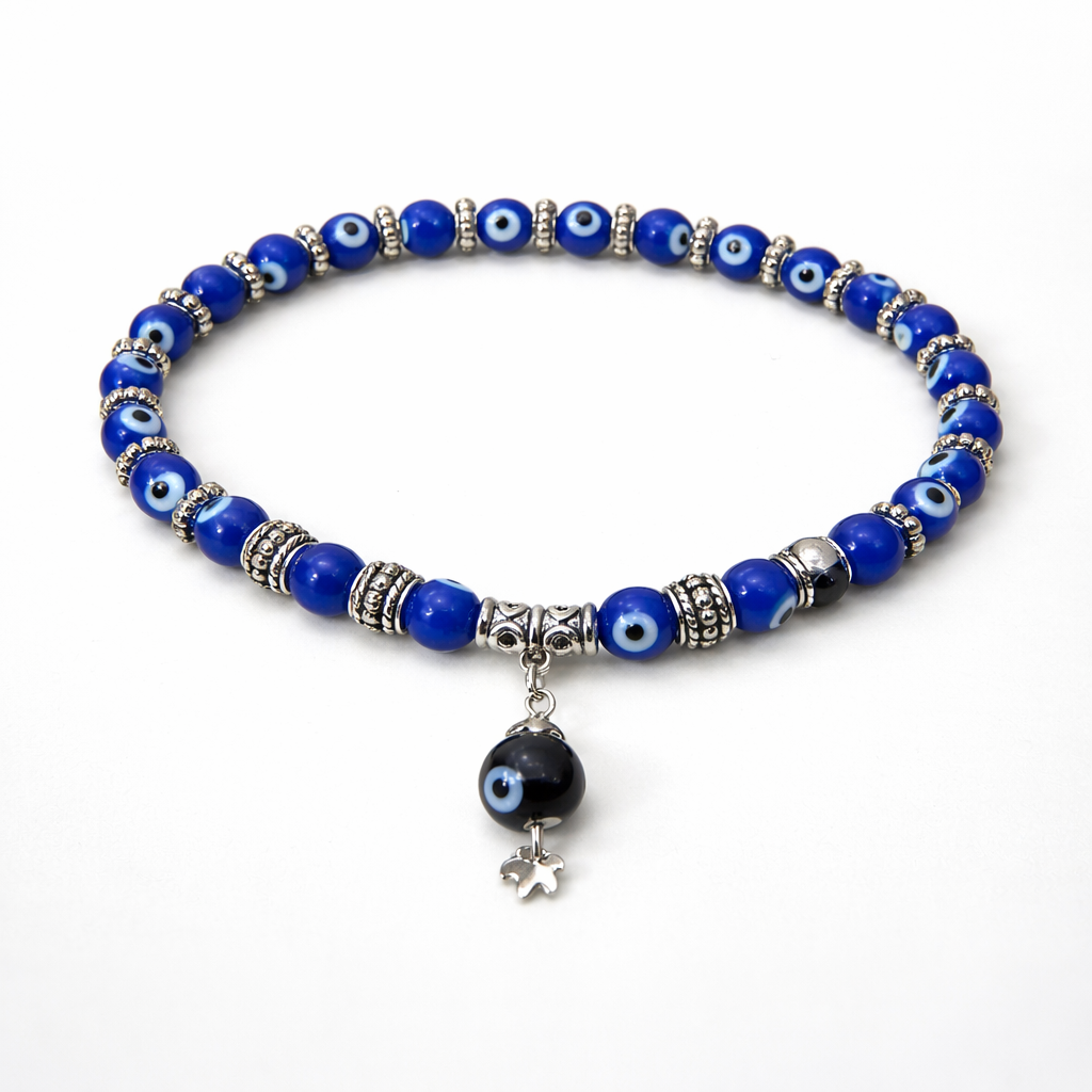 Evil eye bracelet against white backdrop