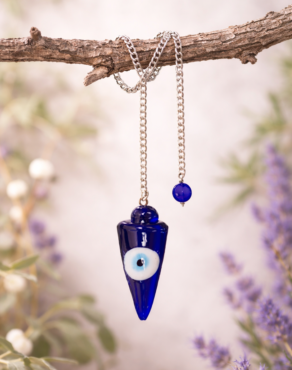 Evil Eye Pendulum divination hanging across a branch
