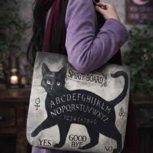 Woman carrying witchy jute black cat tote bag