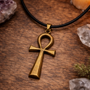 bronze ankh pendant against table backdrop